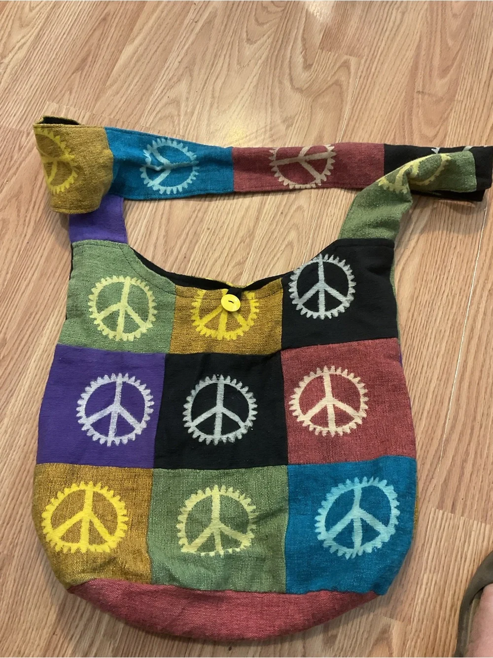 Colorful Hippie Hobo Patchwork Peace Sign Crossbody Bag - Multicolor 13x15